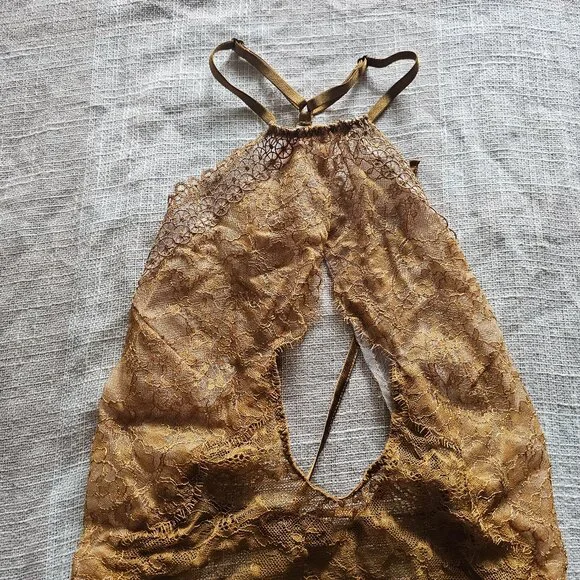 Victoria's Secret Sexy Boho Sheer Brown Lace High Neck Cut Out Bodysuit